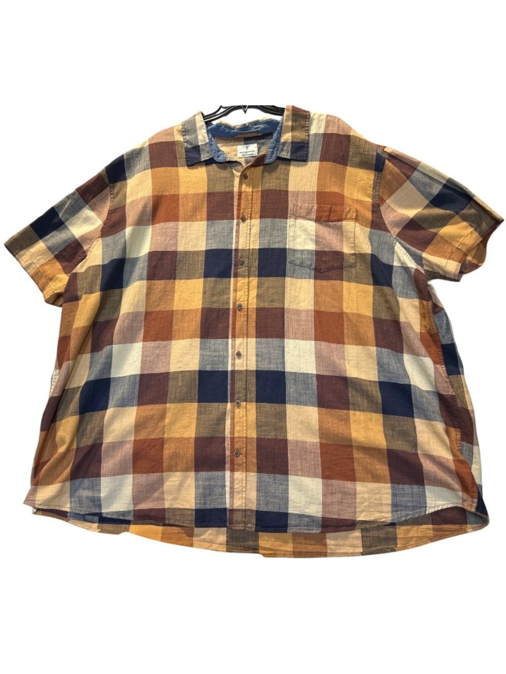 Mutual Weave Mens 5XLT Plaid Button-Up Shirt Brown/Blue/Beige Checkered Cotton